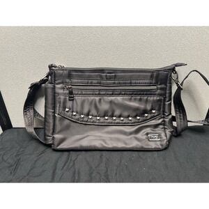 LUG Pacer Crossbody  Shoulder Bag Black Lightweight Nylon w/ Stud Detail Pockets